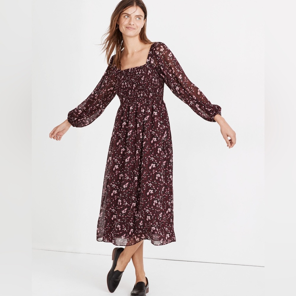 Madewell (Re)sourced Georgette Sheer-Sleeve Smocked Midi Dress Rich Paisley M